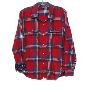 Chaps Denim Red Blue Plaid Button Shirt Contrast Floral Flip Cuffs Womens L